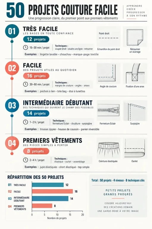 Infographie des 50 projets couture facile classés par niveau, durée et technique