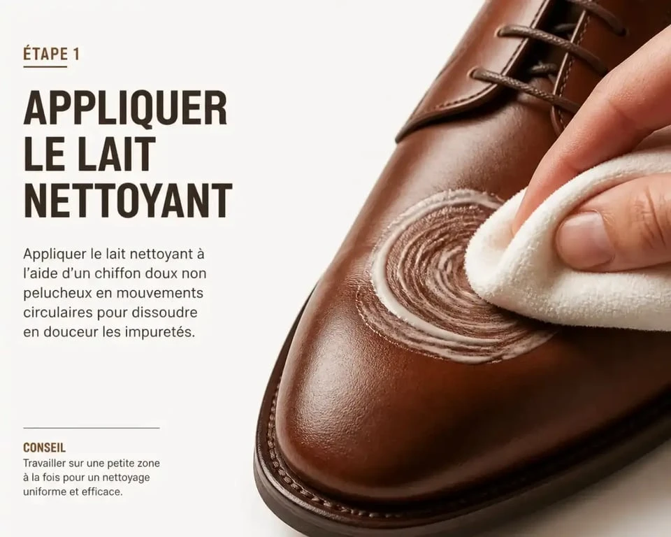 Application d'un lait nettoyant pour cuir sur une chaussure avec un chiffon doux