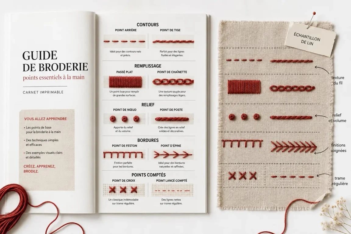 Tous les points de broderie à la main pdf gratuit illustrés dans un carnet imprimable de broderie