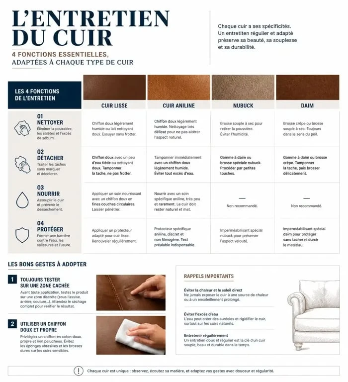 Infographie sur le nettoyant pour cuir selon la finition et la fonction du produit