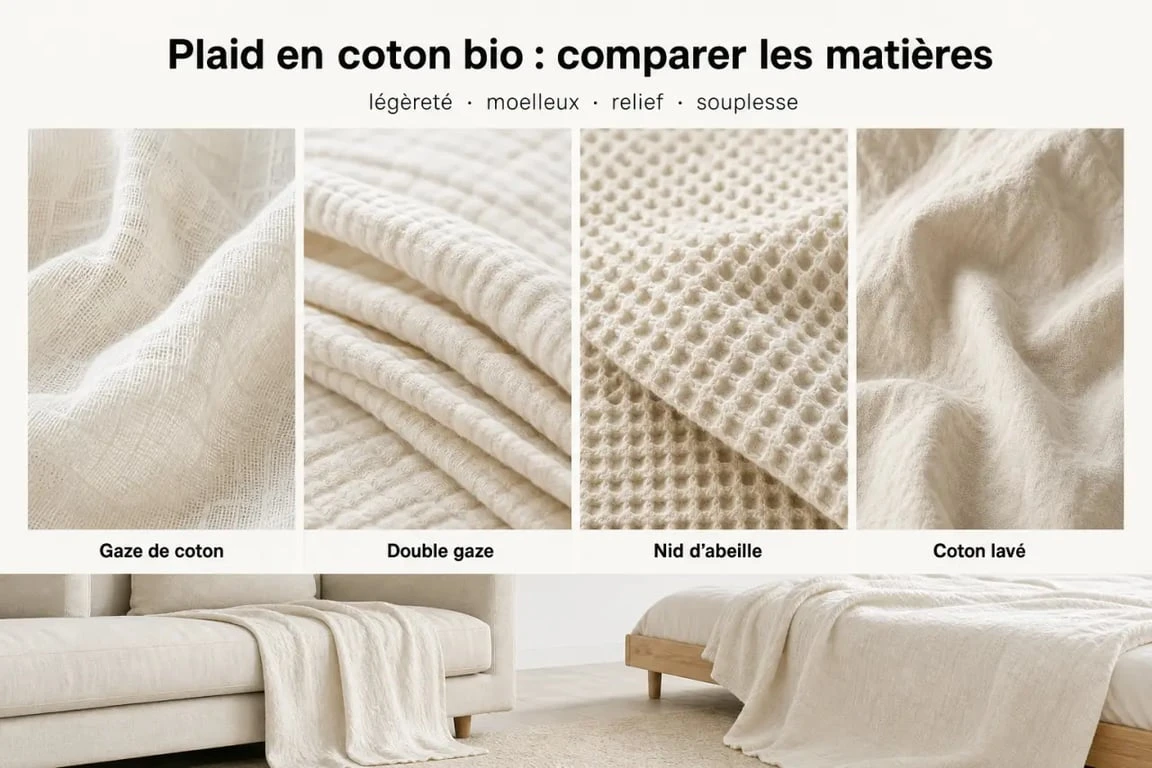 Plaid coton bio : comparaison visuelle des textures gaze de coton, double gaze, nid d’abeille et coton lavé sur canapé et lit