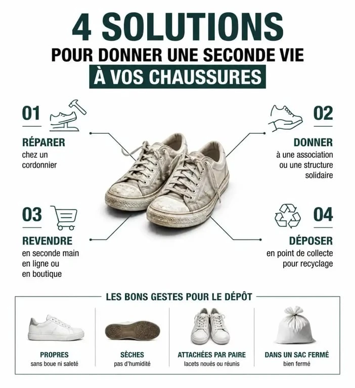 Recyclage chaussures : schéma des options réparer, donner, revendre ou déposer