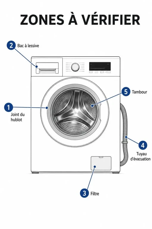 Tache grise sur vêtement après lavage : zones à vérifier dans le lave-linge