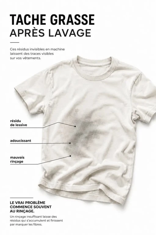 Tache grise sur vêtement après lavage sur t-shirt clair avec résidu de lessive