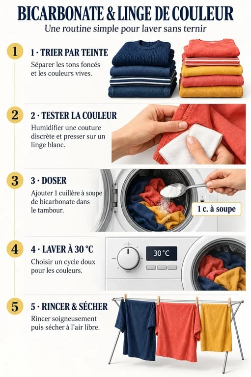 Bicarbonate de soude linge couleur : étapes du dosage et du lavage à 30 °C