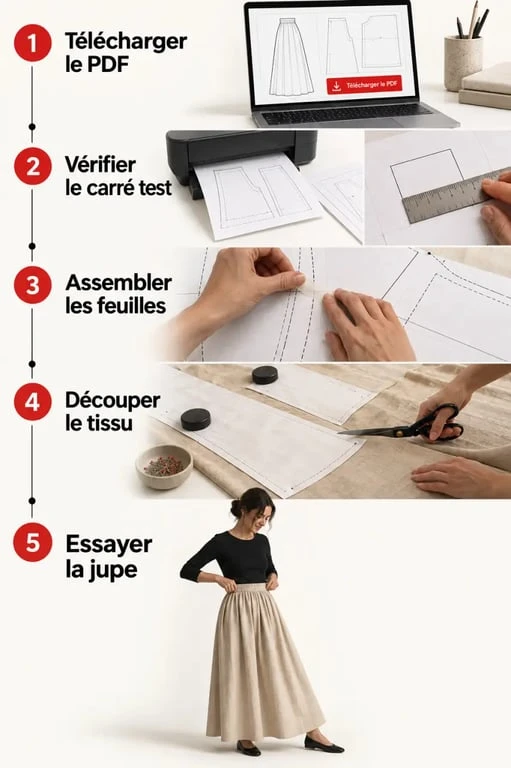 Étapes pour utiliser un patron gratuit de jupe longue, de l’impression PDF à la couture