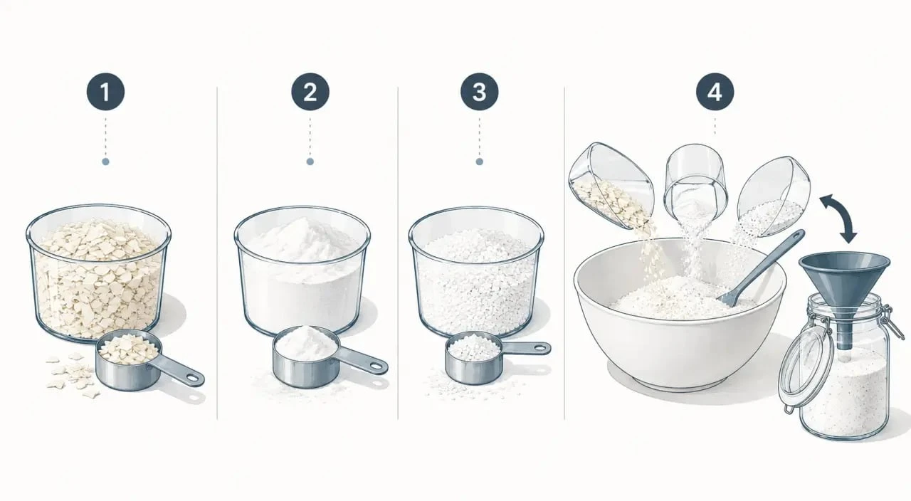 Préparation d’une lessive maison en poudre avec savon de Marseille, bicarbonate et cristaux de soude