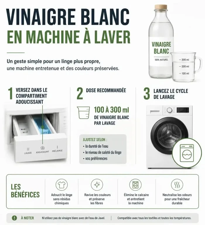 Infographie du dosage et de l'utilisation du vinaigre blanc pour blanchir le linge en machine
