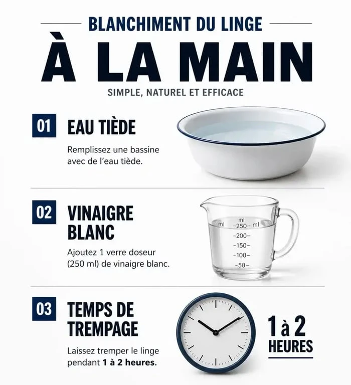 Infographie des étapes pour blanchir le linge avec du vinaigre blanc à la main