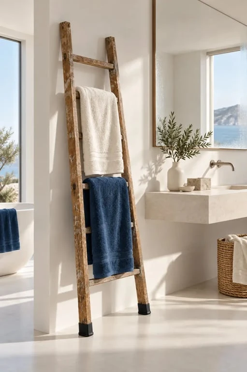 Détourner objet : ancienne échelle utilisée comme porte-serviettes