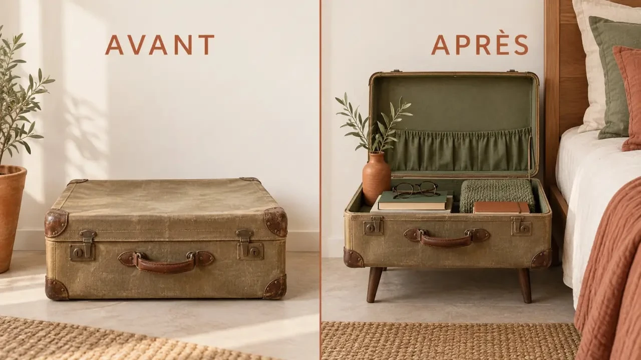 Détourner objet : valise ancienne transformée en table de chevet