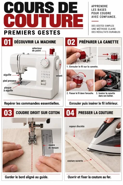 Cours de couture gratuit : étapes pour préparer une machine et réaliser une couture droite