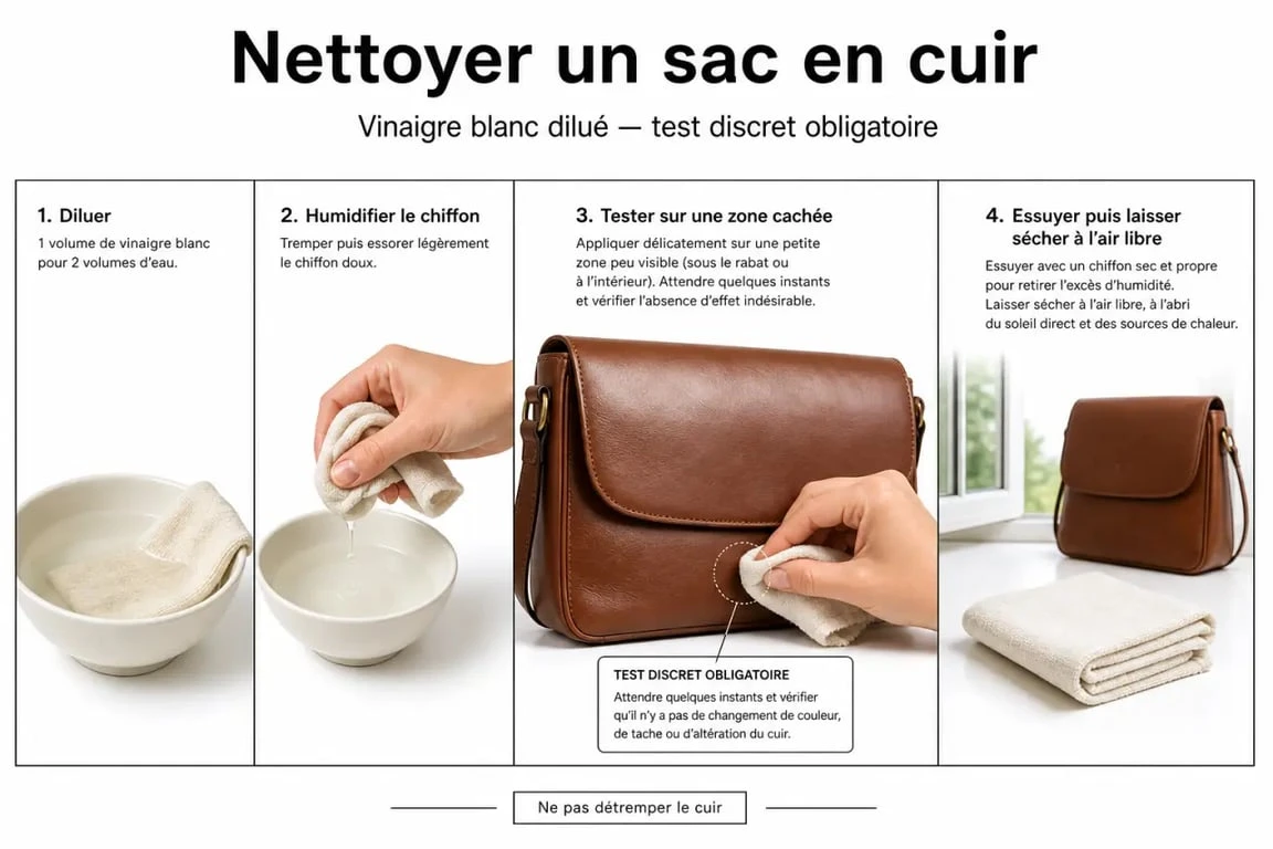 Nettoyer sac cuir vinaigre blanc avec chiffon doux, test discret et séchage à l’air libre