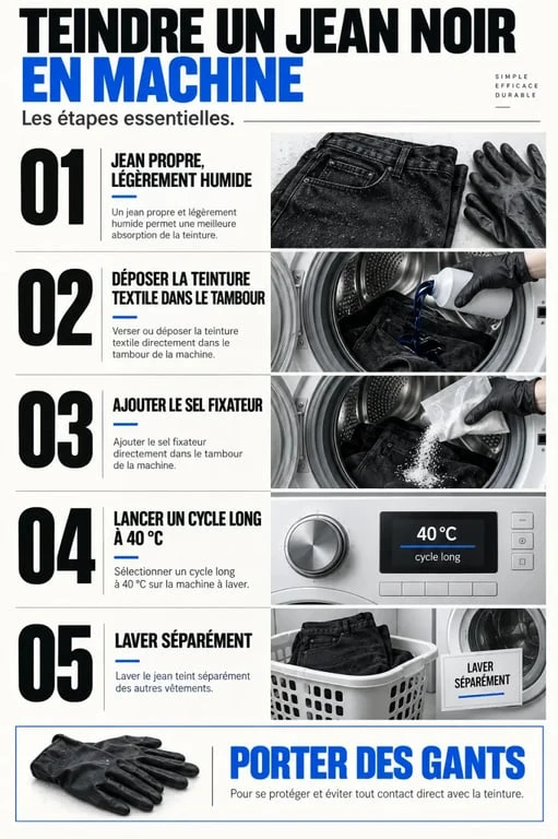Étapes illustrées pour teindre un jean noir en machine à 40 °C