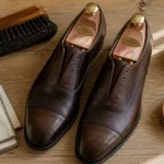 Entretien du cuir chaussure : chaussures en cuir brun, embauchoirs et produits