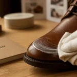 Lait nettoyant pour cuir : chiffon et lait sur chaussure en cuir