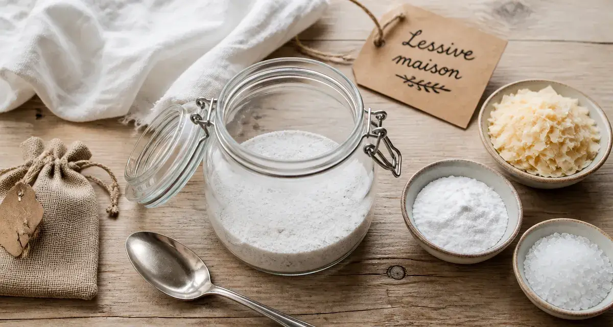 Lessive maison en poudre : bocal de poudre, bols et linge blanc