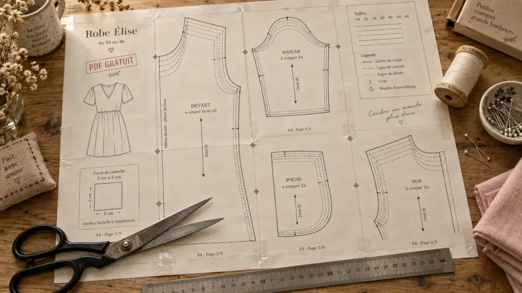 Patron robe fillette gratuit en PDF : 10 pages A4 pour la version droite, 3 pour la robe froncée