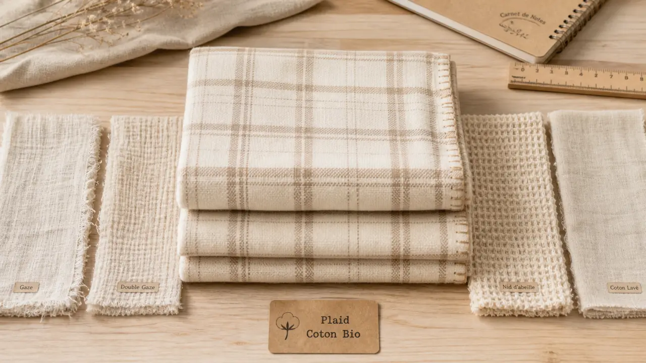 Plaid coton bio en coton bio sur table, tissage et matière