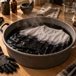 Teindre un vêtement en noir à la main, bain noir sans marbrures