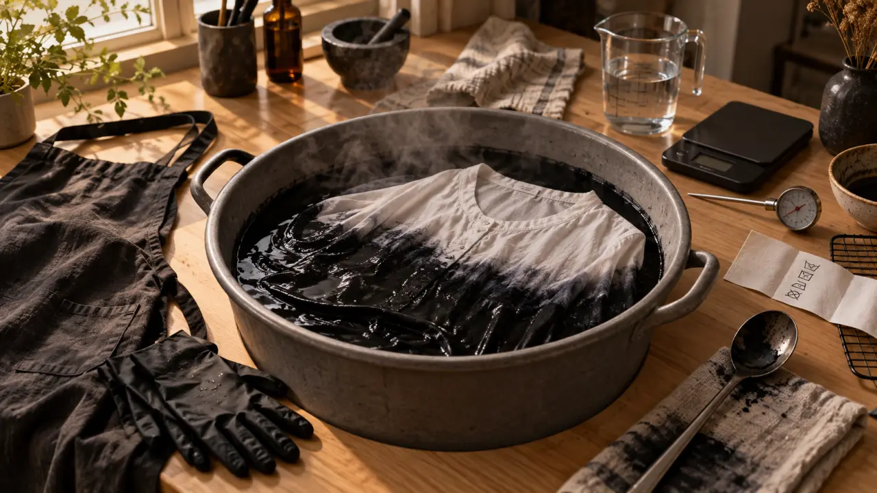 Teindre un vêtement en noir à la main, bain noir sans marbrures