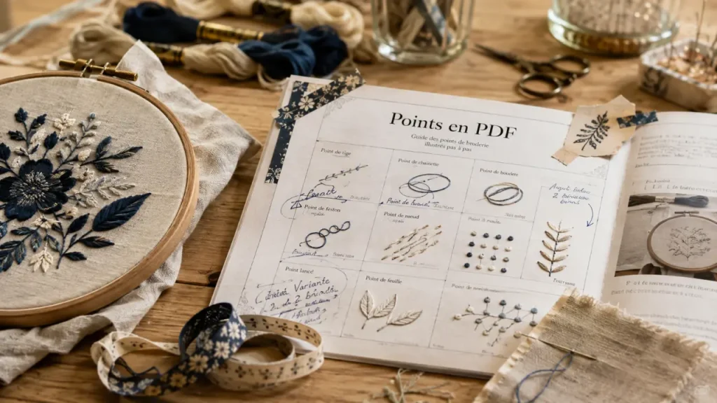 Points de broderie à la main en PDF gratuit, classés par familles, niveaux et usages