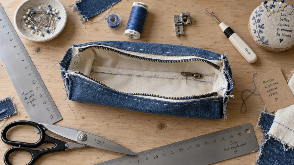 Coudre une trousse d’école doublée : le zip ouvert simplifie le retournement