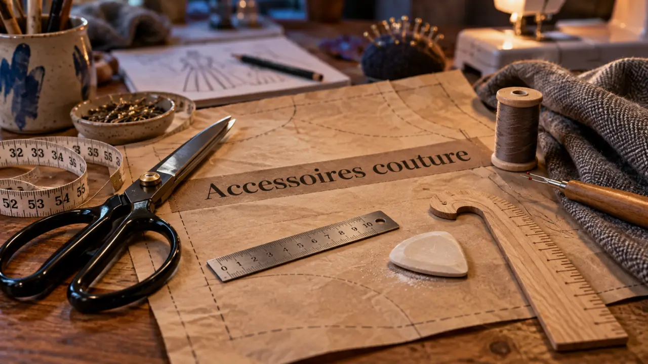 Accessoire couture indispensable : ciseaux, mètre, craie et fil sur table de couture