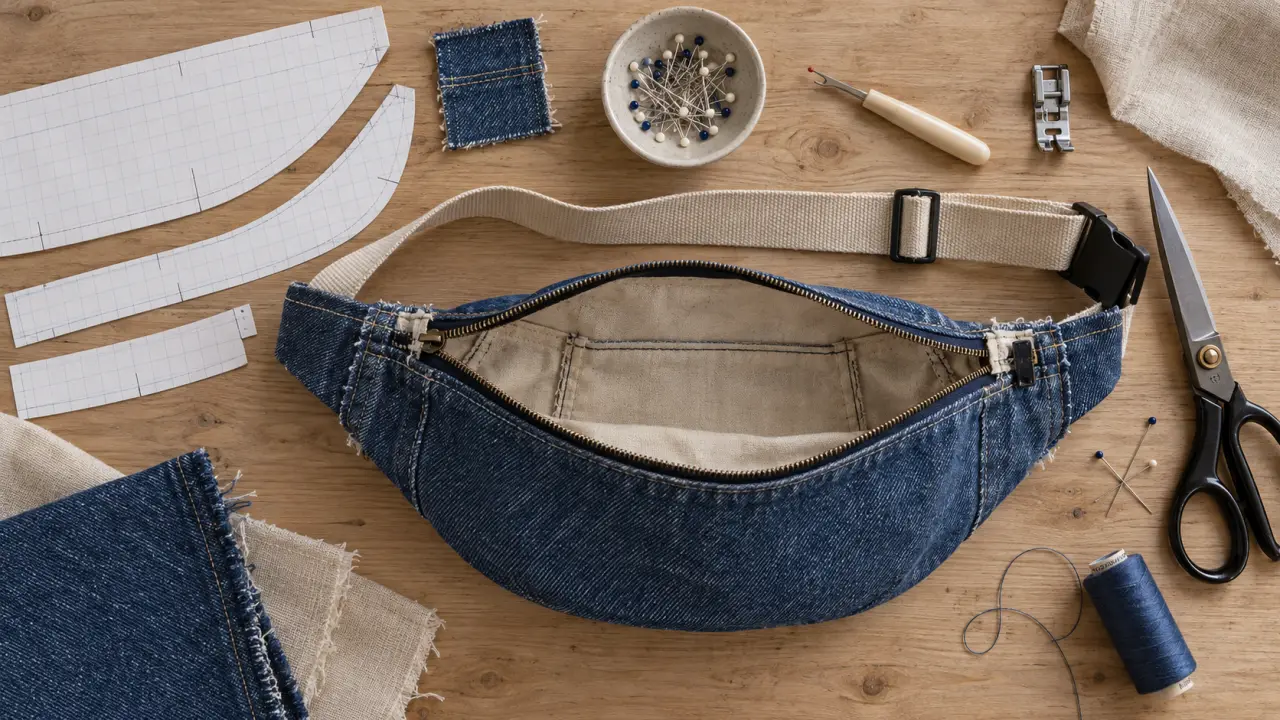 Coudre sac banane : vue dessus, zip ouvert avant retournement