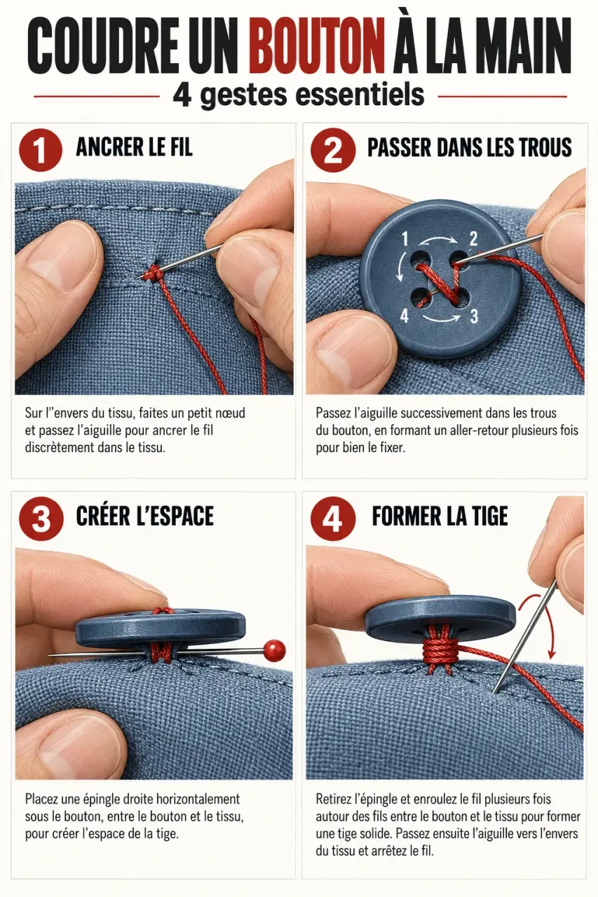 Coudre un bouton à la main en plusieurs étapes avec création de la tige