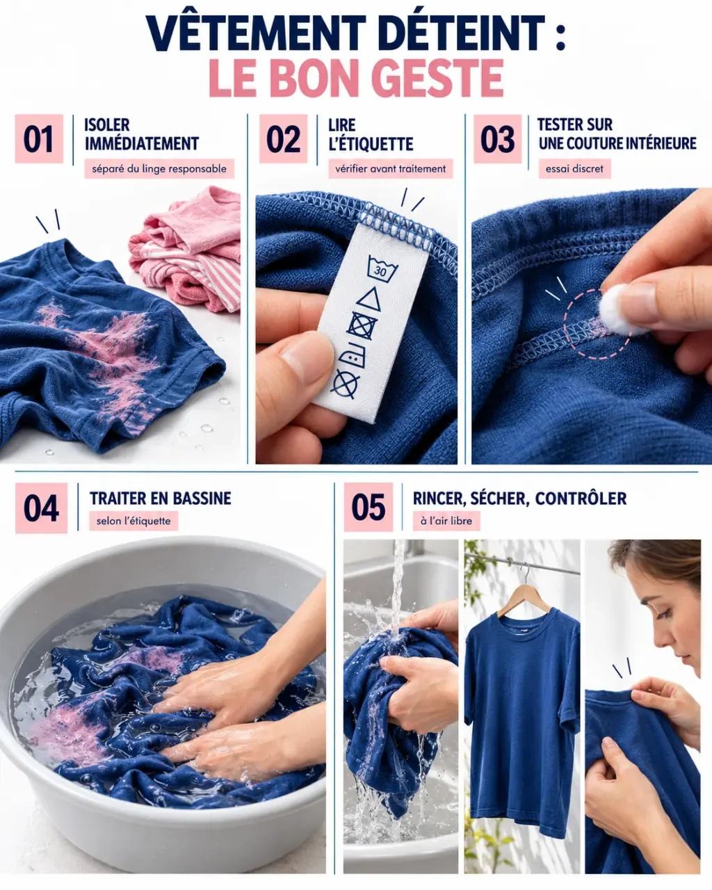 Guide visuel pour récupérer un vêtement déteint (deteint vetement) après un transfert de couleur