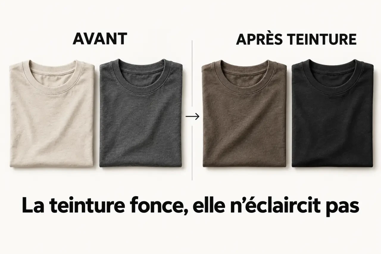 Schéma pour teindre un vêtement : une teinture fonce la couleur initiale mais ne l'éclaircit jamais