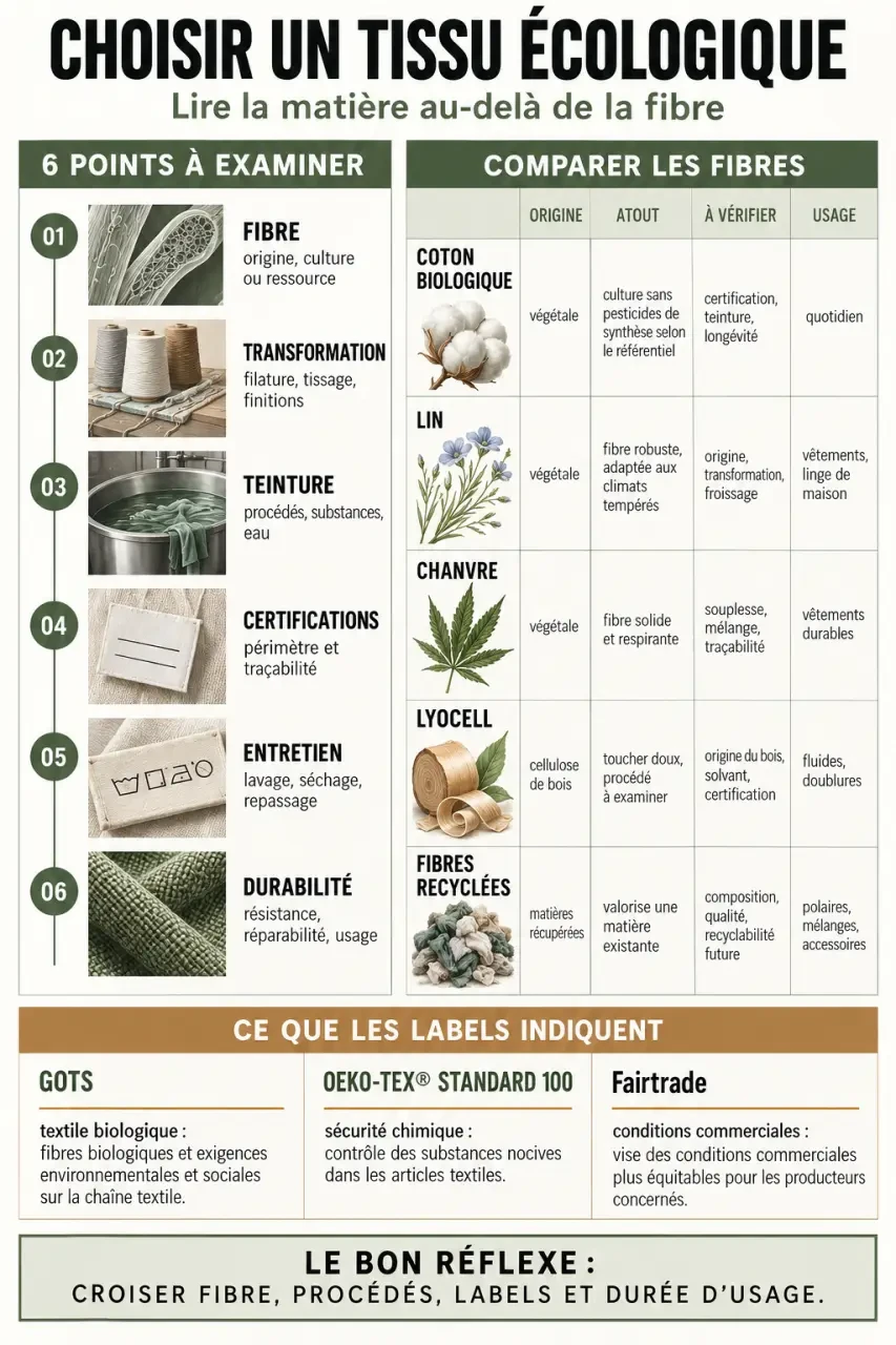 Infographie sur le choix d’un tissu écologique et les certifications textiles