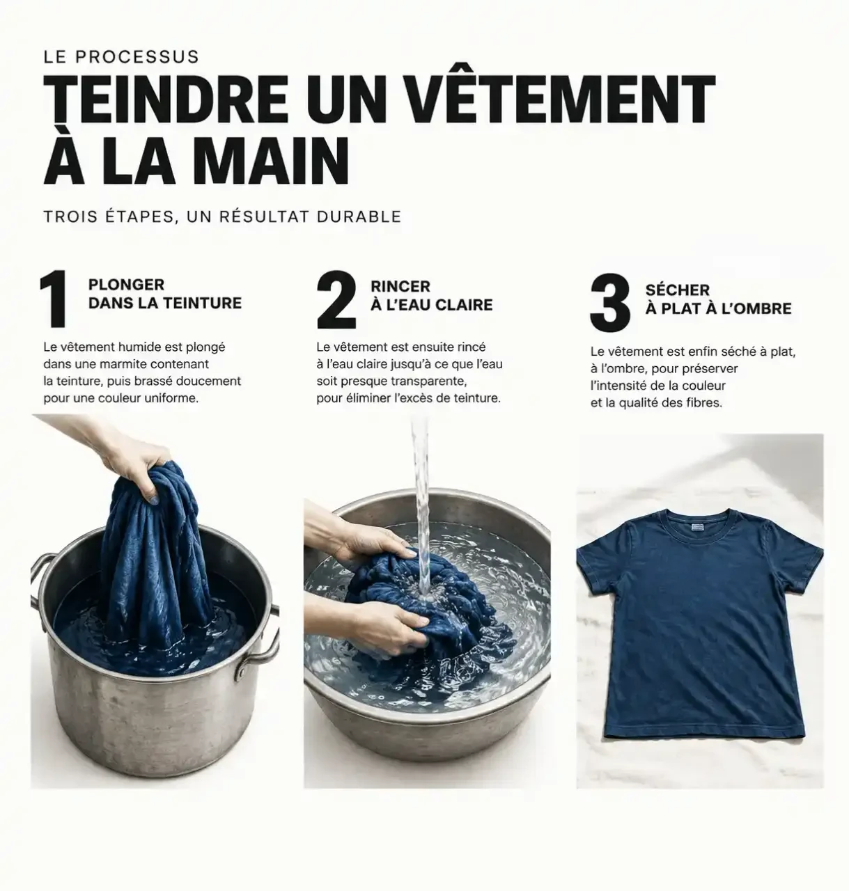 Étapes pour teindre des vêtements à la main : immersion dans la marmite, rinçage et séchage à plat