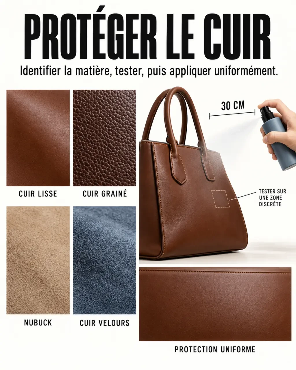 Imperméabilisant cuir sac : compatibilité selon le type de cuir et test préalable