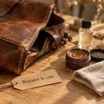 Réparer sac en cuir : microgriffures et coin usé, sac en cuir brun sur table