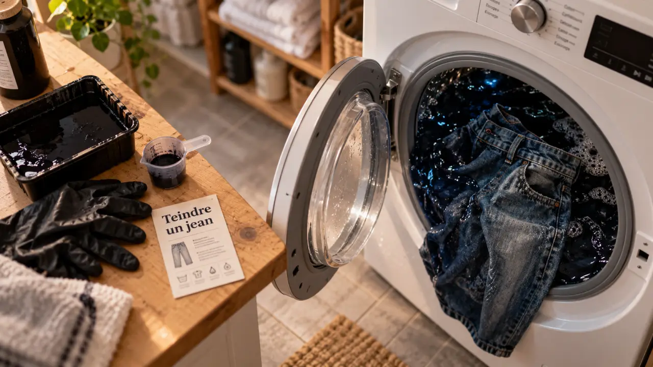 Teindre un jean : jean bleu dans la machine avec teinture noire