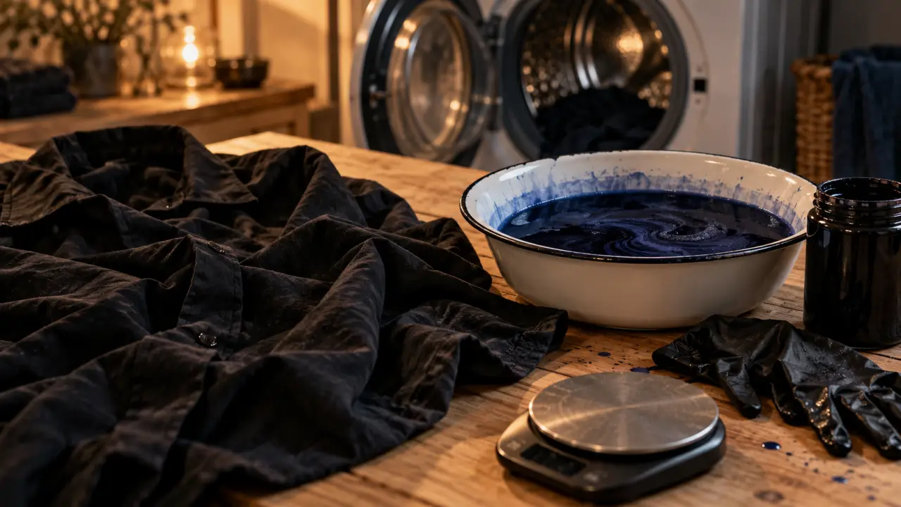 Teindre un vetement : bain de teinture bleu nuit dans une bassine émail