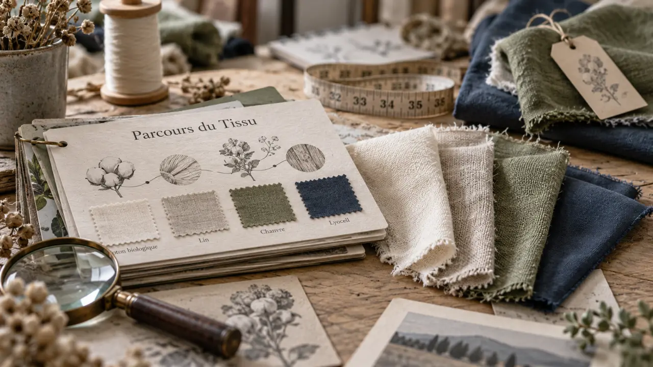 Tissu écologique : échantillons de coton bio, lin et labels